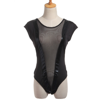 Sexy Black Mesh Synthetic Leather Lingerie Jumpsuit Baby Bodysuit