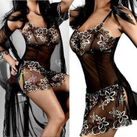 Sexy Lace Flower Embroidered Black Sheer Babydoll Sleepwear Lingerie