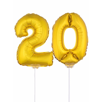 20 Jaar leeftijd feestartikelen   versiering cijfers   goud   ballonnen op stokje   van 41 cm