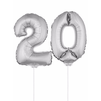 20 Jaar leeftijd feestartikelen   versiering cijfers   zilver   ballonnen op stokje   van 41 cm