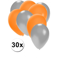 30X ballonnen   27 cm   zilver / oranje versiering
