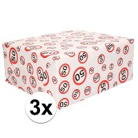 50 Jaar verjaardag Inpakpapier/cadeaupapier   3x   verkeersborden print   300 x 70 cm   rood/wit