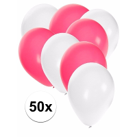 50X ballonnen   27 cm   wit / roze versiering