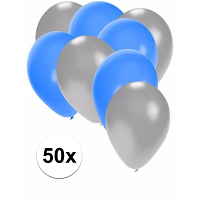 50X ballonnen   27 cm   zilver / blauwe versiering