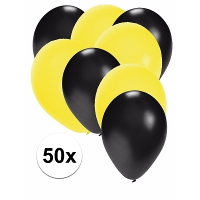 50X ballonnen   27 cm   zwart / gele versiering