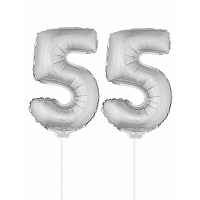 55 Jaar leeftijd feestartikelen   versiering cijfers   zilver   ballonnen op stokje   van 41 cm