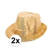 Folat Trilby hoedje goud   2x   glitters   volwassenen   gleufhoedje   feesthoed   goud thema
