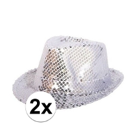 Folat Trilby Hoedje zilver   2x   glitter   volwassenen   gleufhoedje   feesthoedje   pailletten