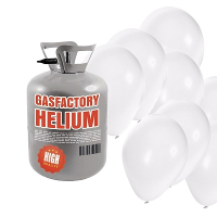 Helium tank met 30 witte ballonnen