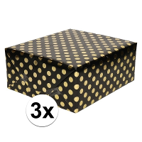 Luxe folie inpakpapier/cadeaupapier   3x   zwart/gouden stip   200 x 70 cm