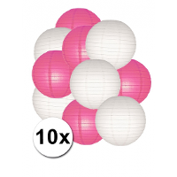 Party Lampionnen pakket   fuchsia roze en wit   10x stuks   Dia 25 cm   Versiering   Buiten/Binnen