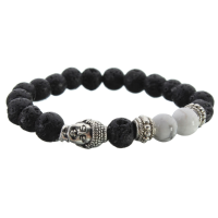 Silver Buddha Head Black Lava Rock Bead Bracelet