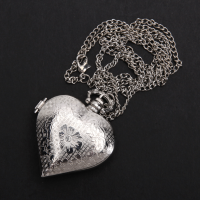 Silver Heart Shape Quartz Pocket Watch Necklace Chain