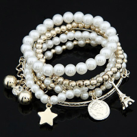 Silver Plated Multilayer Star Coin Eiffel Tower Pearl Beads Bracelet