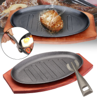 3 Maten gietijzeren steak Fajita Sizzling Platter Plate BBQ Grill Pan Cooking Wooden Holder