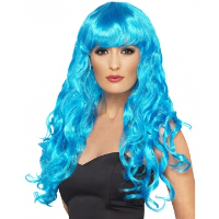 Carnaval verkleed dames pruik   krullen blauw   lang haar   heksenpruik