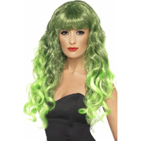 Carnaval verkleed dames pruik   krullen groen   lang haar   heksenpruik