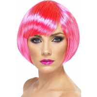 Carnaval verkleed damespruik   kort haar   neon roze   Supermodel Bobline   kort pittig