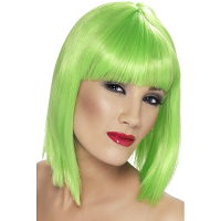 Carnaval verkleed damespruik met pony   neon groen   half lang haar