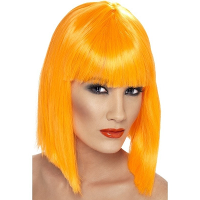 Carnaval verkleed damespruik met pony   oranje   half lang haar