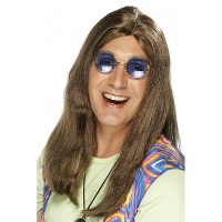 Carnaval verkleed hippie herenpruik   Bruin   lang haar   Sixties   Flower Power