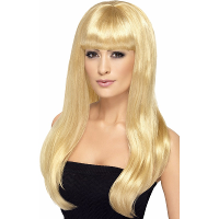Carnaval verkleed pruik   blond   dames   stijl lang haar   pony   synthetisch   damespruik