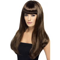 Carnaval verkleed pruik   bruin   dames   stijl lang haar   pony   synthetisch   damespruik