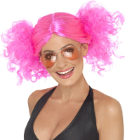 Smiffys carnaval verkleed pruik   Dames   knalroze   met staartjes   Eighties/Halloween en meer