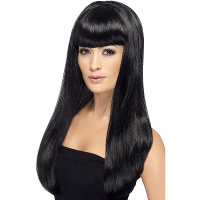 Carnaval verkleed pruik   zwart   dames   stijl lang haar   pony   synthetisch   damespruik