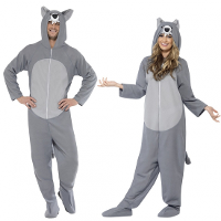 Carnaval verkleed Wolf onesie   volwassenen   met capuchon   dierenpak kostuum