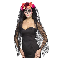 Day of the dead haarband   met bloemen en sluier   halloween   horror   diadeem