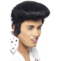 Elvis carnaval verkleed pruik voor heren   zwart   met vetkuif   muzikant   beroemdheid