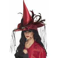 Heksen hoed   rood   met veren en sluier   heksenhoeden   Halloween