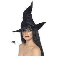 Hoge heksenhoed zwart met kreukels en spin   74 cm   Heksen verkleed hoed   Halloween