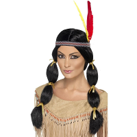 Indianen damespruik   met staarten en hoofdband   zwart   synthetisch