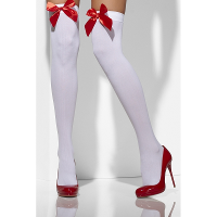 Kerst en Carnaval Kniekousen   dames   wit met rode strik   verkleed kousen