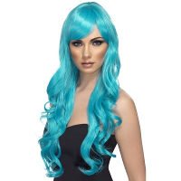 Lange turquoise blauw damespruik   pony   pruiken   dames   synthetisch   verkleden
