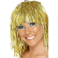 Lurex verkleed pruik   metallic goud   tinsel slierten pruiken   disco thema