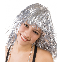 Lurex verkleed pruik   metallic zilver   tinsel slierten pruiken   disco thema