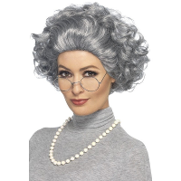 Oma verkleedsetje voor dames   grijs   pruik/bril en ketting   Oude vrouw   Carnaval
