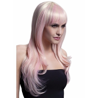 Professionele 2 kleurige damespruik   lichtroze / blond   lang haar   toneel / theater