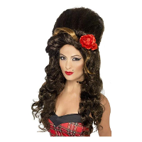Suikerspin Amy Winehouse look pruik   met roos   bruin   verkleed accessoires voor dames