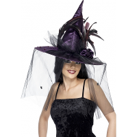 Verkleed heksenhoed met sluier   paars   dames   Carnaval/Halloween