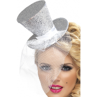 Verkleed mini hoedje   wit   op diadeem   glitter and glamour