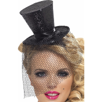 Verkleed mini hoedje   zwart   op diadeem   glitter and glamour