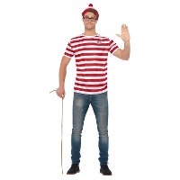 Waar is Wally verkleedset   voor heren   rood/wit   t shirt/bril/muts   verkleden   carnaval
