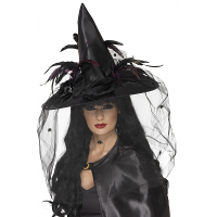 Zwarte luxe hoge heksenhoed met veren sluier   Halloween   Dames   Verkleed hoeden