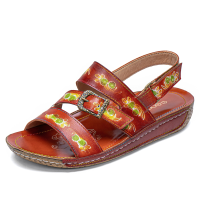 Socofy comfortabele leren platte sandalen met bloemenprint en retrostreep