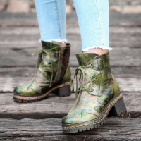 Socofy Dames Leren Retro Etnische Bloemenprint Side zip Chunky Heel Korte Laarzen