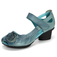 Socofy Genuine Leather Floral Leaf Decoration Block Hook Loop Vintage Shoes